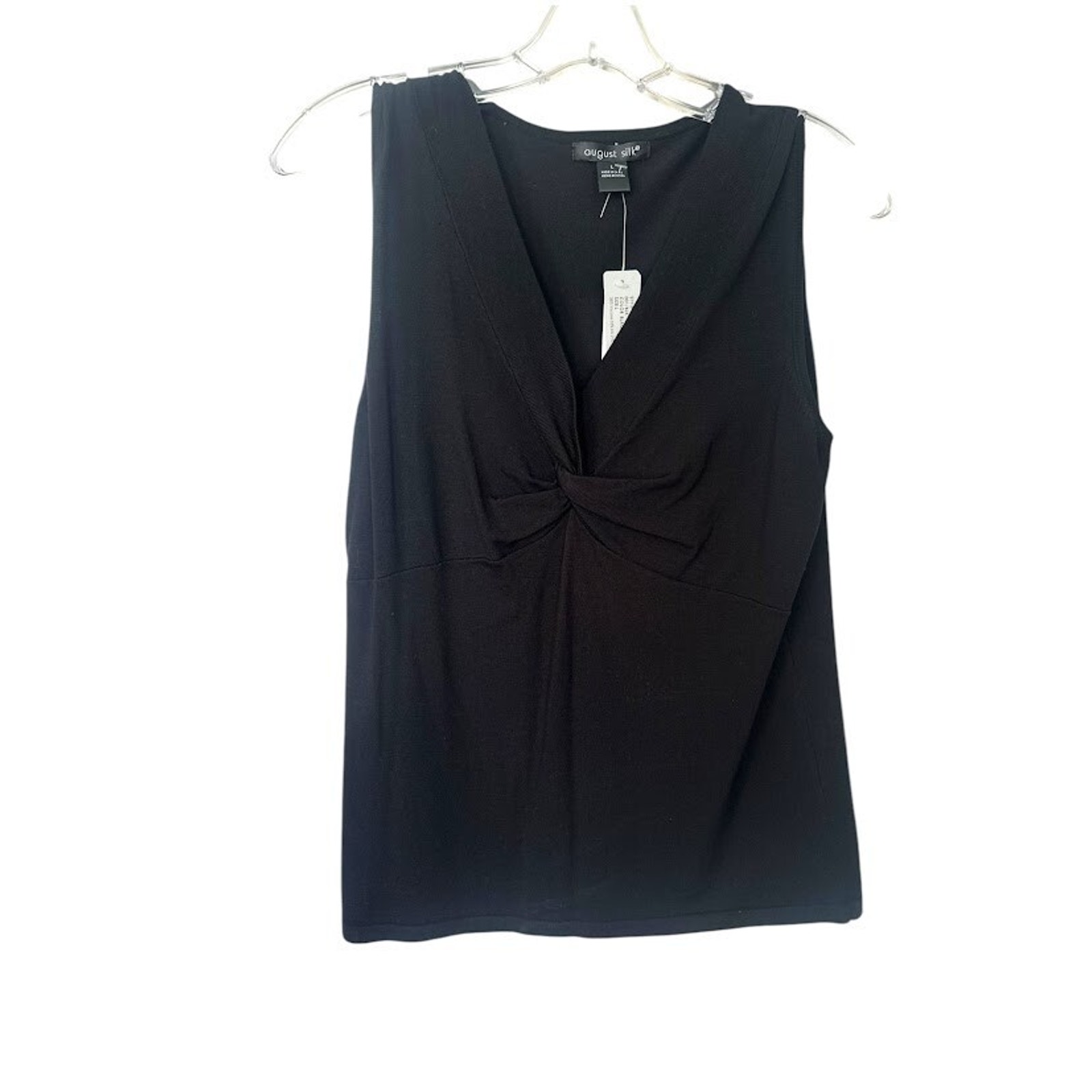 August Silk Large Womens Ruched Silk Blend Sleeveless Top Black Stretch Career